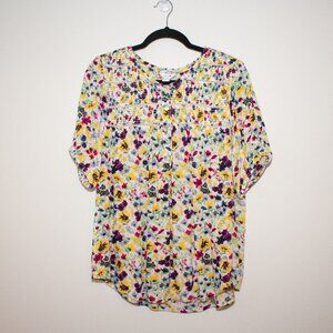 Intro Multicolor Floral Ruffled Trim Half button down top Size Medium
